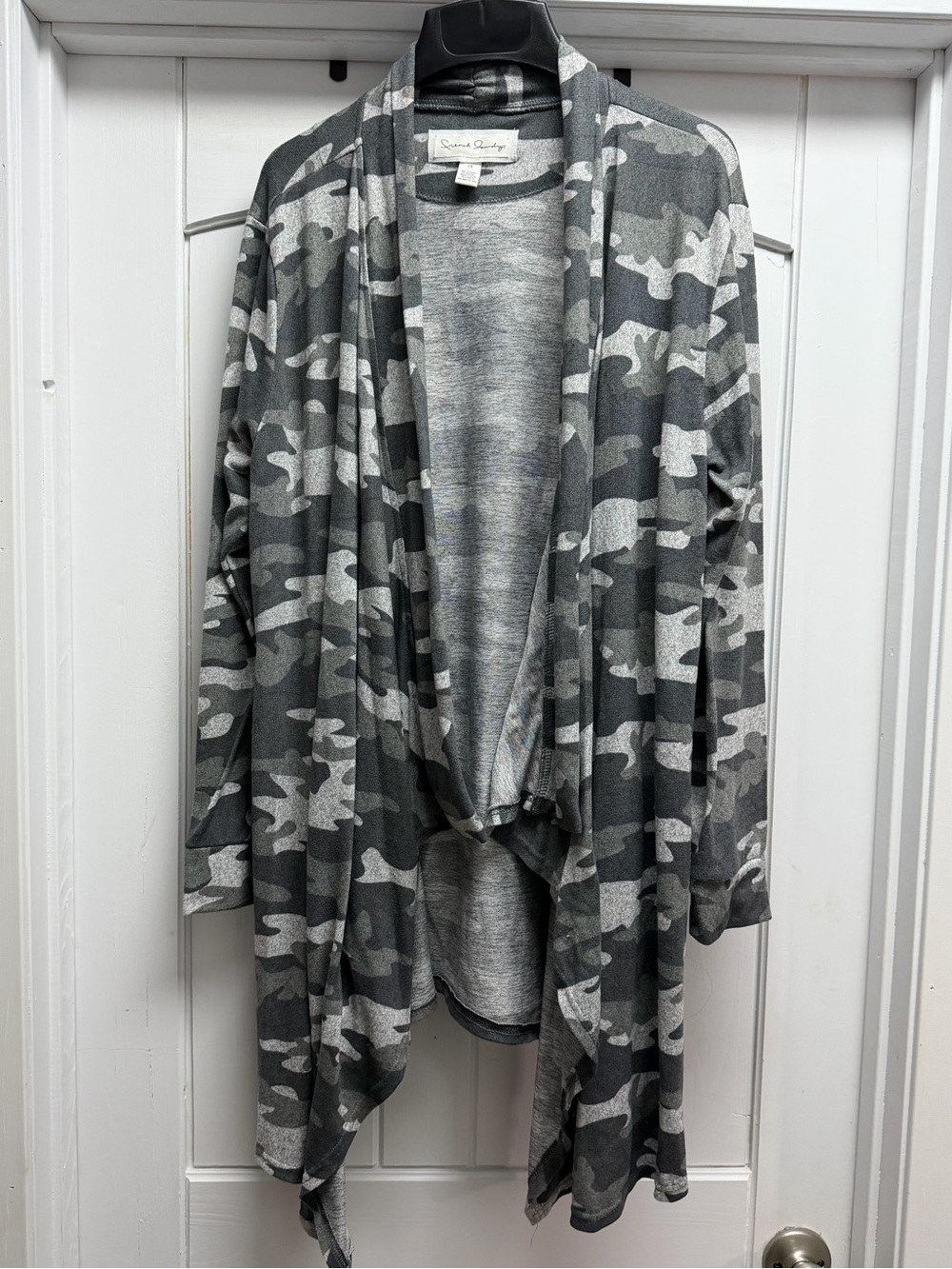 French Laundry Gray Camouflage Draped Open-Front Cardigan